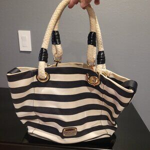 MICHAEL KORS NAVY AND WHITE STRIPED NAUTICAL CANVAS TOTE